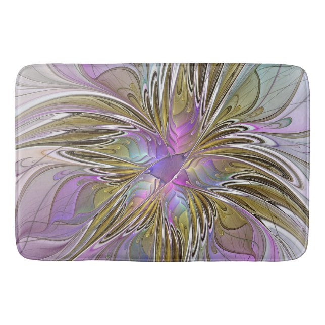 Floral Colourful Abstract Fractal With Pink & Gold Bath Mat (Front)