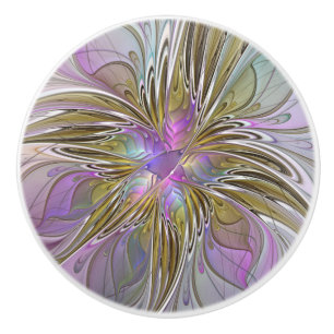 Floral Colourful Abstract Fractal With Pink & Gold Ceramic Knob