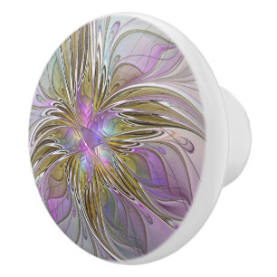 Floral Colourful Abstract Fractal With Pink & Gold Ceramic Knob