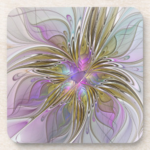 Floral Colourful Abstract Fractal With Pink & Gold Coaster