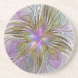 Floral Colourful Abstract Fractal With Pink & Gold Coaster