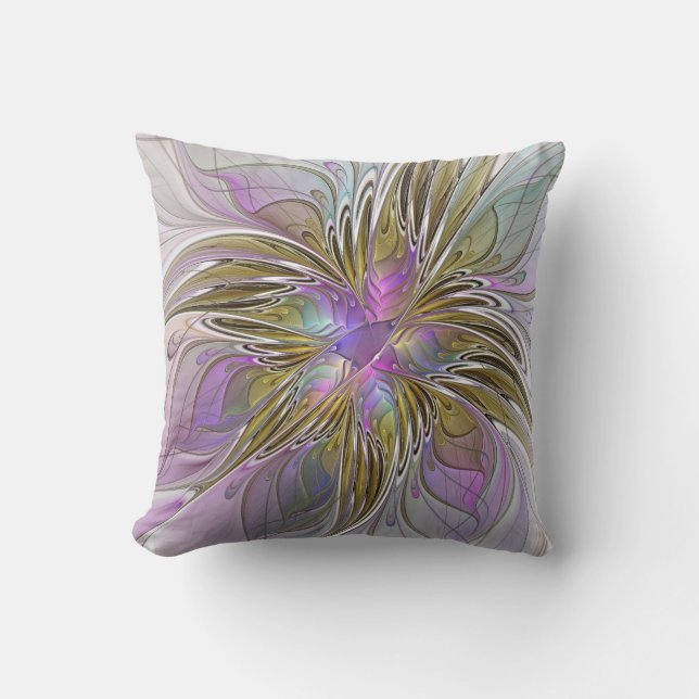 Floral Colourful Abstract Fractal With Pink & Gold Cushion (Front)