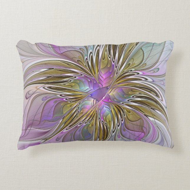 Floral Colourful Abstract Fractal With Pink & Gold Decorative Cushion (Front)