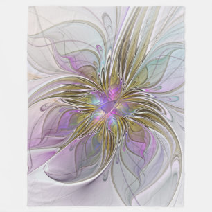 Floral Colourful Abstract Fractal With Pink & Gold Fleece Blanket