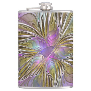 Floral Colourful Abstract Fractal With Pink & Gold Hip Flask