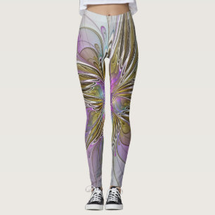 Floral Colourful Abstract Fractal With Pink & Gold Leggings