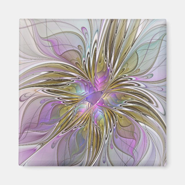 Floral Colourful Abstract Fractal With Pink & Gold Magnet (Front)