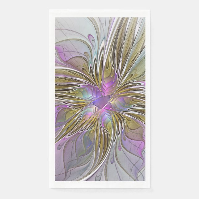 Floral Colourful Abstract Fractal With Pink & Gold Napkin (Front)