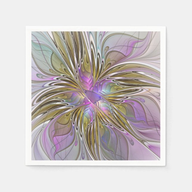 Floral Colourful Abstract Fractal With Pink & Gold Napkin (Front)