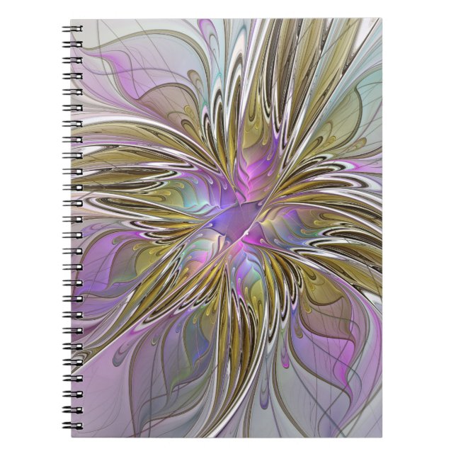 Floral Colourful Abstract Fractal With Pink & Gold Notebook (Front)