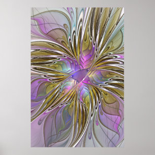 Floral Colourful Abstract Fractal With Pink & Gold Poster