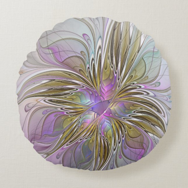Floral Colourful Abstract Fractal With Pink & Gold Round Cushion (Front)