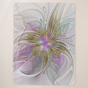 Floral Colourful Abstract Fractal With Pink & Gold Sherpa Blanket