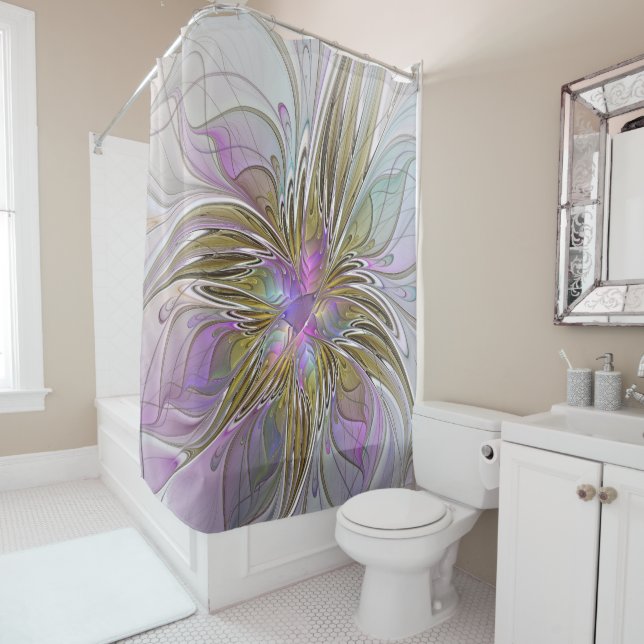 Floral Colourful Abstract Fractal With Pink & Gold Shower Curtain (In Situ)
