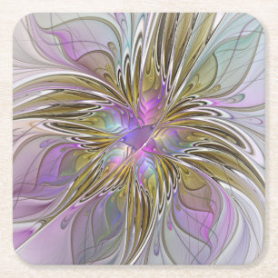 Floral Colourful Abstract Fractal With Pink & Gold Square Paper Coaster