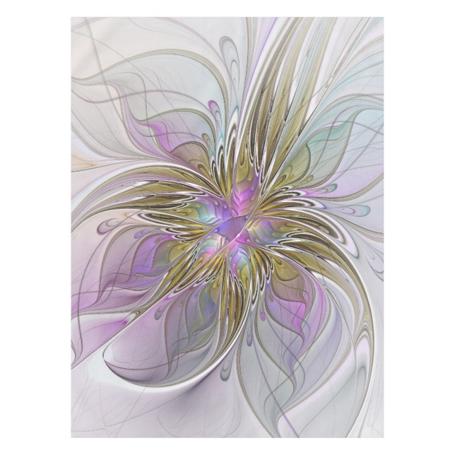 Floral Colourful Abstract Fractal With Pink & Gold Tablecloth (Front)