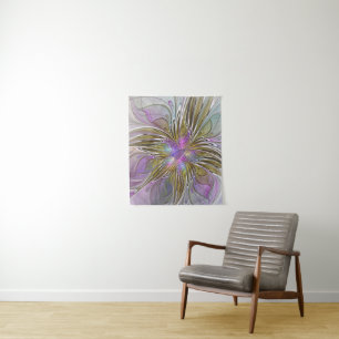 Floral Colourful Abstract Fractal With Pink & Gold Tapestry