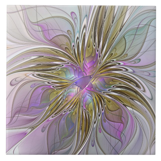 Floral Colourful Abstract Fractal With Pink & Gold Tile (Front)