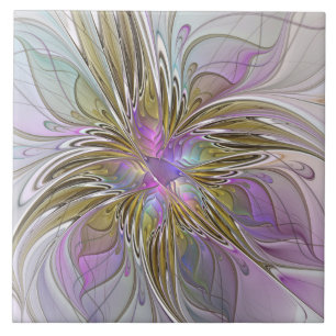 Floral Colourful Abstract Fractal With Pink & Gold Tile