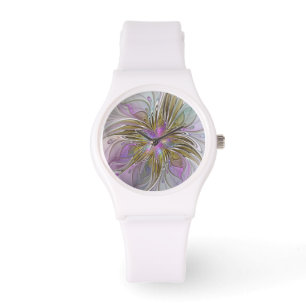 Floral Colourful Abstract Fractal With Pink & Gold Watch