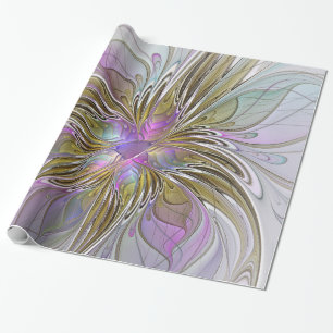 Floral Colourful Abstract Fractal With Pink & Gold Wrapping Paper