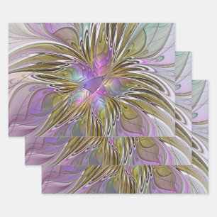 Floral Colourful Abstract Fractal With Pink & Gold Wrapping Paper Sheet