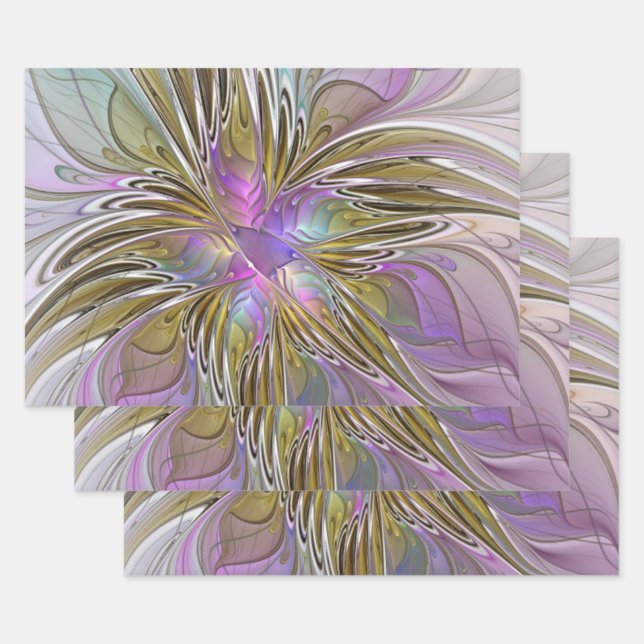 Floral Colourful Abstract Fractal With Pink & Gold Wrapping Paper Sheet (Set)