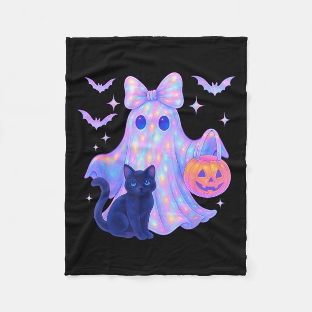 Floral Colourful Ghost Black Cat Coquette Bow Hall Fleece Blanket (Front)