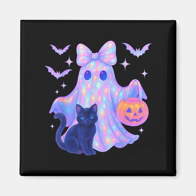 Floral Colourful Ghost Black Cat Coquette Bow Hall Magnet (Front)