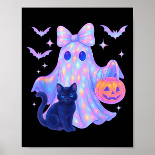 Floral Colourful Ghost Black Cat Coquette Bow Hall Poster
