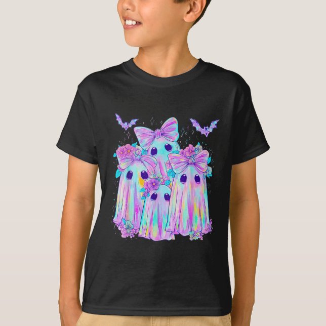 Floral Colourful Ghosts Boo Coquette Bow Spooky Ha T-Shirt (Front)