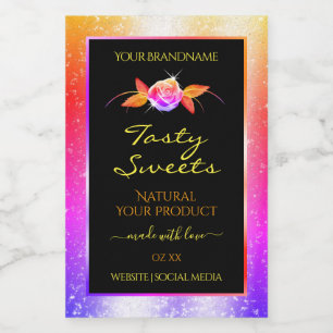 Floral Colourful Glitter on Black Product Labels
