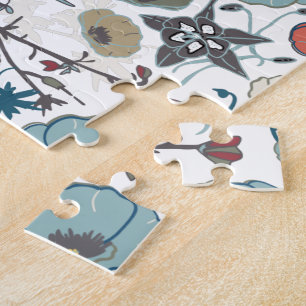 Floral Colourful Joyful Blue Orange Flowers Patter Jigsaw Puzzle