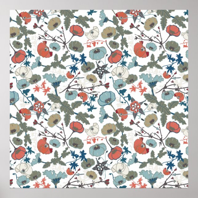 Floral Colourful Joyful Blue Orange Green Poster (Front)