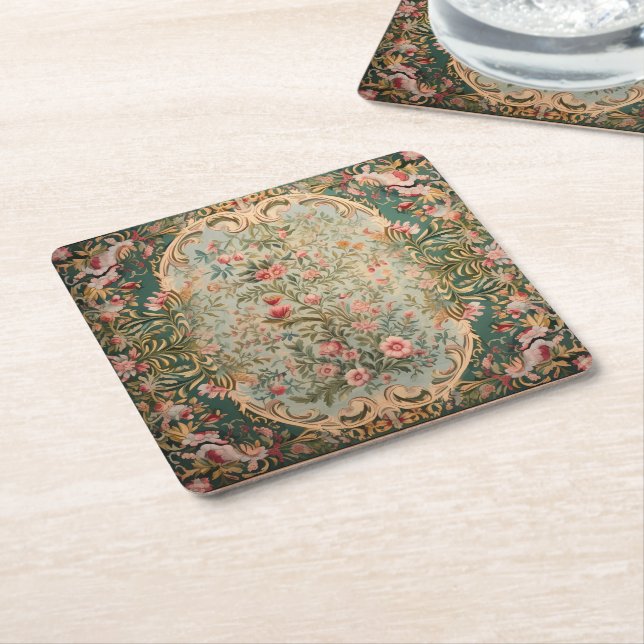 Floral Colourful Oriental Carpet Square Paper Coaster (Angled)
