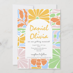 Floral Colourful Retro Botanical Frame Wedding Invitation