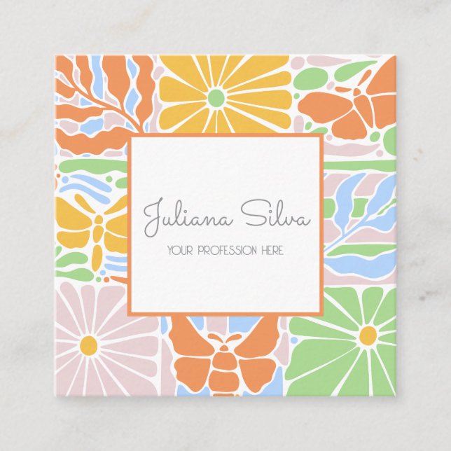 Floral Colourful Retro Botanical Frame with QR Square Business Card (Front)