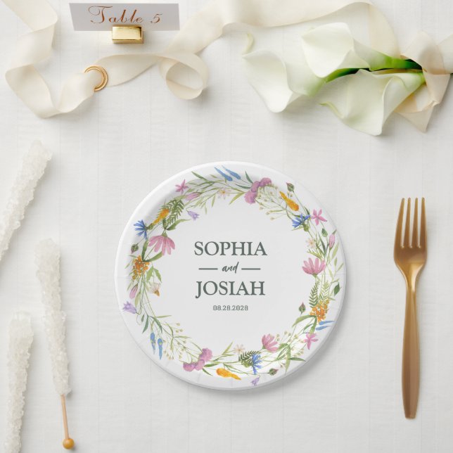 Floral colourful Script Romance Stemless wedding Paper Plate (Wedding)