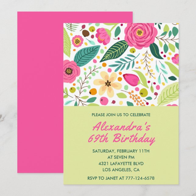 Floral Colourful Simple 69th birthday invitations  (Front/Back)