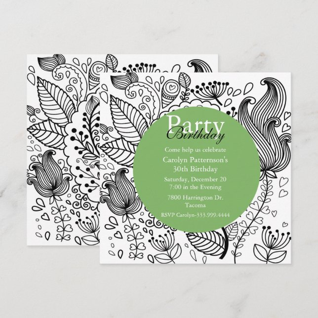Floral Colouring Doodle Art Party Invitation (Front/Back)