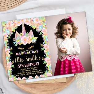 Floral Colours Black Photo Unicorn Birthday Invitation