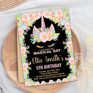 Floral Colours Black Unicorn Birthday Invitations