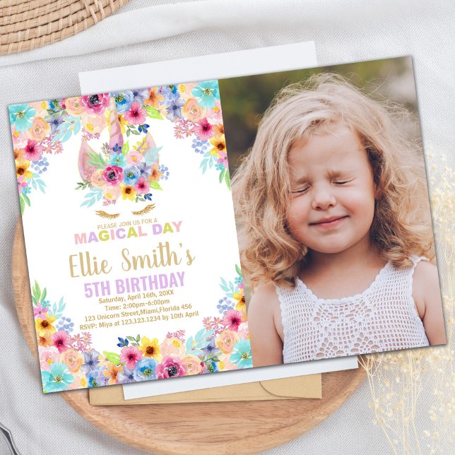Floral Colours Photo Unicorn Birthday Invitations (Floral Colors Photo Unicorn Birthday Invitations)