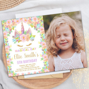 Floral Colours White Photo Unicorn Birthday Invitation