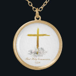 *~* Floral Communion AP35 Christian Confirmation Gold Plated Necklace<br><div class="desc">(( search id AP35 for similar designs and AP40 )) Flowers Floral Bouquet of Flowers at the base of a rustic plain Gold Jesus Cross. Remove , resize and edit whatever elements you want and can. Convert the design for any good vibe purpose you want. Transfer it to any Zazzle...</div>
