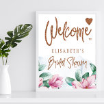 Floral copper glitter bridal shower welcome sign<br><div class="desc">A modern glamourous spring or summer bridal shower welcome sign poster featuring watercolor blush pink magnolia flowers, green foliage, and eucalyptus leaves and a classy whimsical handwritten brushed style copper glitter calligraphy script over a washed blue background. Easy to personalise it with the name of the bride to be! Suitable...</div>