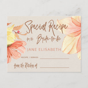 Floral copper glitter script bridal shower recipe postcard