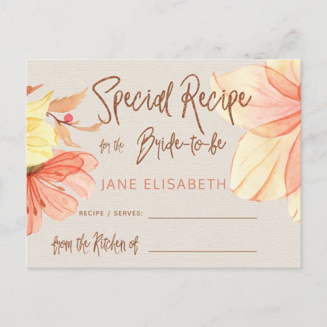 Floral copper glitter script bridal shower recipe postcard (Front)