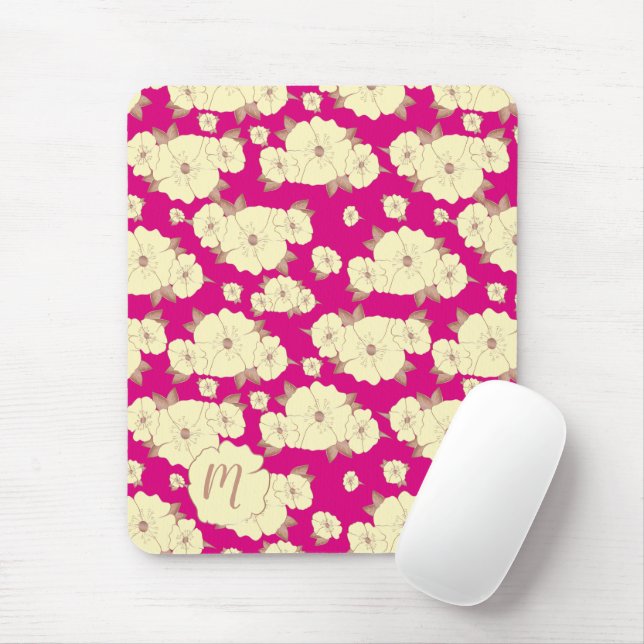 Floral Copper Pastel Yellow on Fuchsia background Mouse Pad (With Mouse)