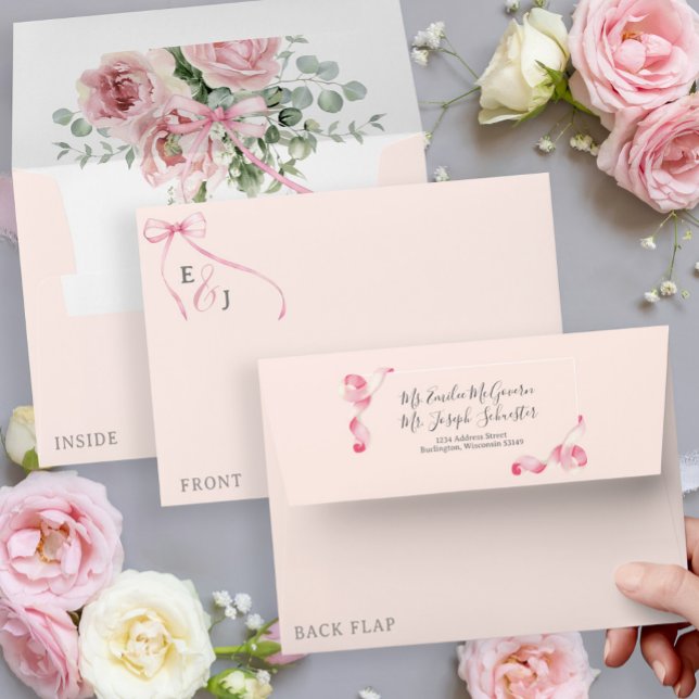 Floral Coquette Blush Pink Bow Wedding Invitation Envelope (Pink Bow Coquette Wedding Invitation Self Addressed back flap envelopes, floral inside, monogram)